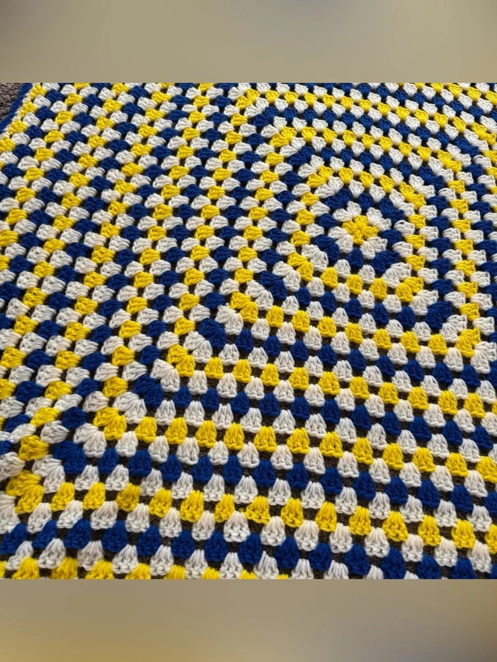 Handmade Crochet Blue Yellow White Afghan Blanket